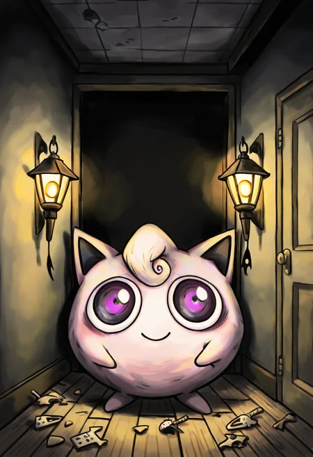 masterpiece, best quality, no humans,  zzJigs, ghastly, eerie fog, glowing purple eyes, mischievous smile, floating together, haunted toy room, cracked porcelain dolls, flickering lantern light, vintage wallpaper peeling, cobwebs in corners, spectral glow, floating shadows, shadow play, worn wooden floor, zzJigs hovering, Ghastly phasing through walls, soft giggle echo, off-kilter atmosphere, uncanny charm, unsettlingly cute  In a forgotten toy room where time seems frozen, zzJigs floats beside a swirling Ghastly, their glowing eyes casting strange shadows across the faded wallpaper. Laughter echoes faintly, though no one's lips move. Around them, broken toys smile with empty eyes, and the floor creaks even when no one steps. The air feels playfulâyet something watches from the dark. <lora:JigglypuffPokedex_IXL:1.0>,   <lora:NightmareDex_IXL:1.0>,