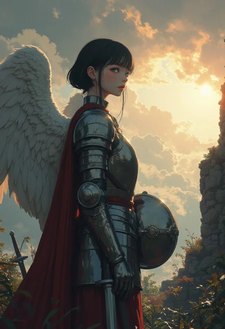 score_9, score_8_up, score_7_up, score_6_up, _Style, masterpiece, high quality, extremely detailed, detailed background, perfect fingers, perfect face, angel girl, duo, perfect face, sun breaking through the clouds, battlefield background, outside, gloomy sky, standing besides cliff, swords in the ground, darkness, very beautiful girl, knight boots, very short hair, knight, solo, angel, holding helmet, armor, silver armor, fully covered in armor, solemn, stoic, shining armor, angel wings, wings wrapped around, framed by feathers, realistic, helmet, lighting<lora:Midjourney_Whisper_Minimal:1>,