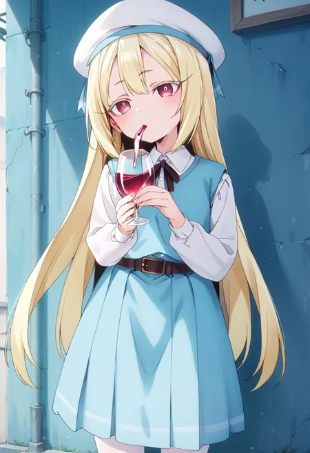 score_9, score_8_up, score_7_up, score_6_up, korisu, long_hair, blonde_hair, neck_ribbon, beret, collared_shirt, white_shirt, blue_vest, white_pantyhose, belt, pink_eyes, drinking, holding wine bottle, wine flows down the body