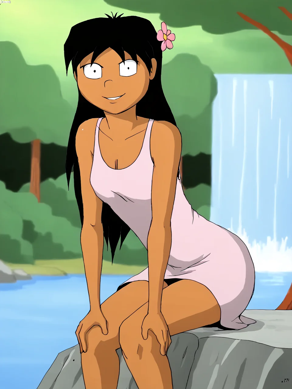 score_9, score_8_up, score_7_up, score_6_up, BREAK, N1nj4M4i, 1girl, solo, long hair, black hair, dark-skinned female, pink dress, in the forest, sitting,hands on knee, smile, leaning forward, flower, outdoors, day, water, tree, looking at viewer, waterfall, mos <lora:Ninja_Girl_Mai-000008:1>