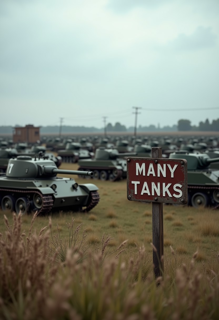 A huge field with a lot of old army tanks parked. In the foreground, a sign says "MANY TANKS", HD, depth of field