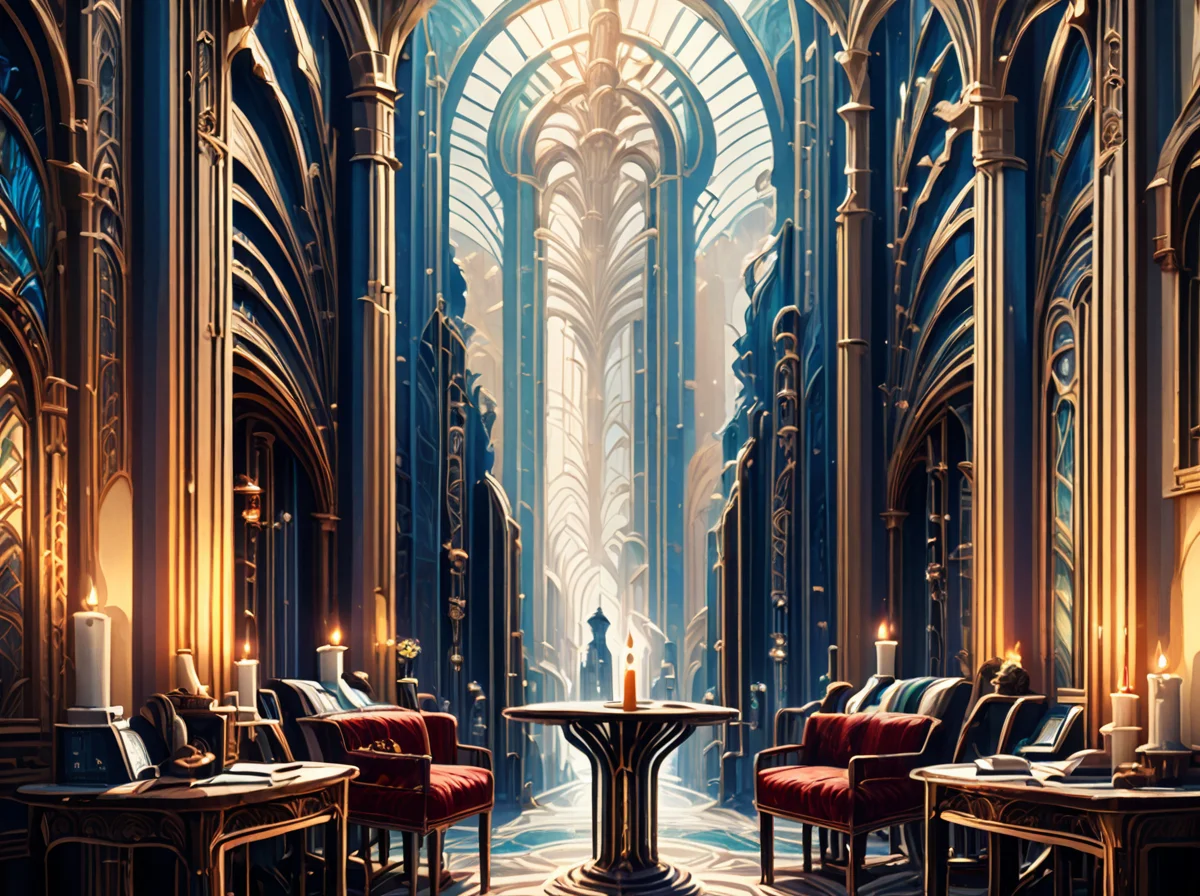 score_9,score_8_up,,score_7_up,,<lora:art_deco_pony:0.8>,source_anime,anime style,
artdecostyle,Fantasy Art Deco,
, scenery, no humans, , pillar, chair, table, candle, book, architecture, indoors,detail,natural light,detail shadow,