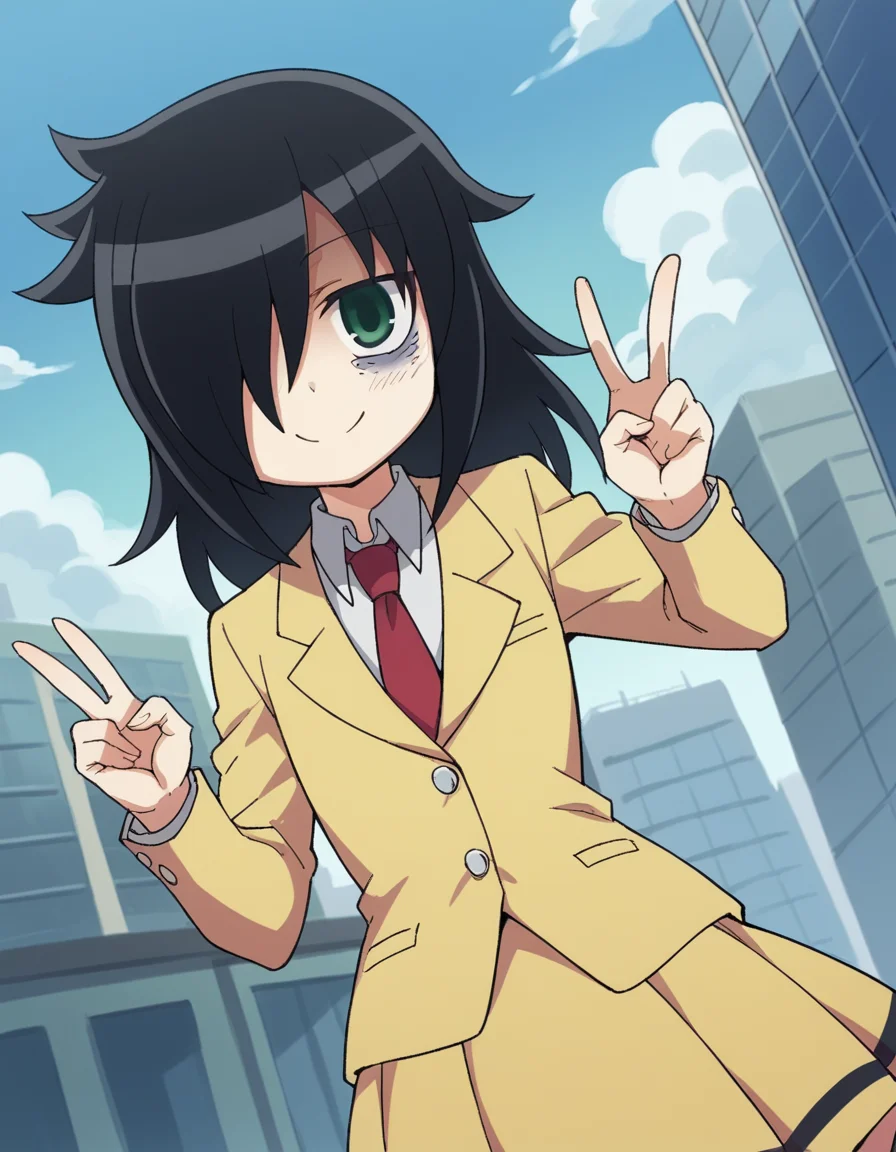 score_9, score_8_up, score_7_up, source_anime, <lora:tomoko-kuroki-s1-ponyxl-lora-nochekaiser:1>, tomoko kuroki, long hair, black hair, green eyes, hair over one eye, bags under eyes,, skirt, school uniform, necktie, blazer,, skyscraper, tall, glass, modern, building, smile, v, v over eyes,, looking at viewer, solo,, dutch angle, cowboy shot