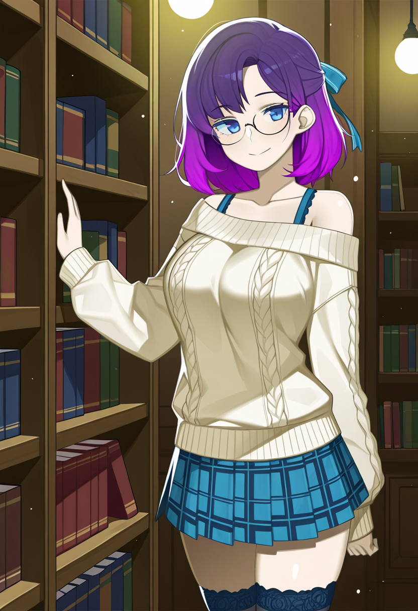 1girl, solo, keiryuu seo, purple hair, blue eyes, detailed eyes, gradient eyes, looking at viewer, glasses, 
lace-trimmed off shoulder sweater, plaid pleated skirt, buttoned cuffs, thighhigh socks with ribbon garters, cowboy shot, standing pose while reaching up toward a shelf, cozy library interior, glowing warm lights, vintage books, floating dust particles,
<lora:Character_Keiryuu Seo:0.7> <lora:StS-Illustrious-Detail-Slider-v1.0:1>