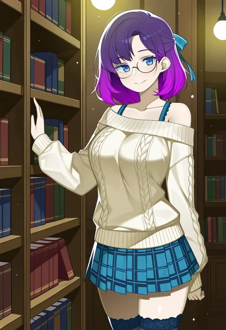 1girl, solo, keiryuu seo, purple hair, blue eyes, detailed eyes, gradient eyes, looking at viewer, glasses, 
lace-trimmed off shoulder sweater, plaid pleated skirt, buttoned cuffs, thighhigh socks with ribbon garters, cowboy shot, standing pose while reaching up toward a shelf, cozy library interior, glowing warm lights, vintage books, floating dust particles,
<lora:Character_Keiryuu Seo:0.7> <lora:StS-Illustrious-Detail-Slider-v1.0:1>