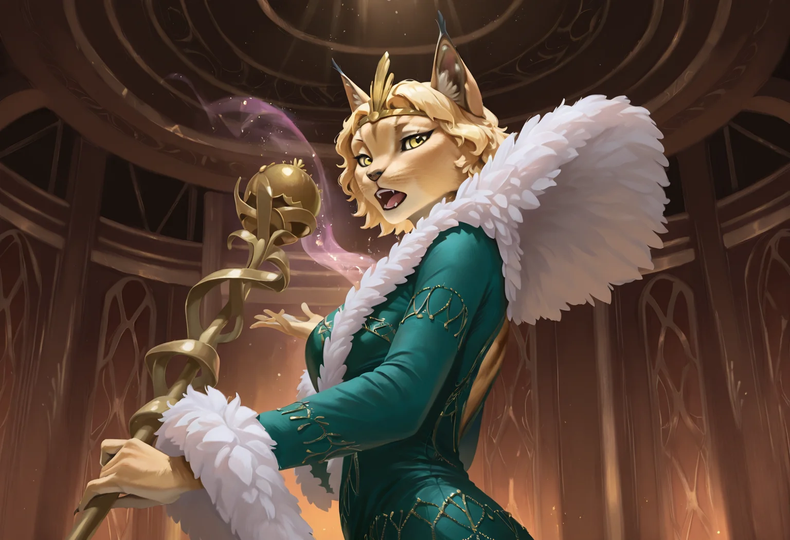 best quality, amazing quality, absurdres, newest, high quality, masterpiece, KittKantoMTG, 1girl, feline, crown, blonde hair, short hair, green dress, fur trim, furry female, solo, animal ears, on stage, upper body, standing, looking at viewer, yellow eyes, singing, holding staff, magic <lora:Kitt_Kanto_Magic_the_Gathering:.9>  <lora:NOOB_vp1_detailer_by_volnovik_v1:1>