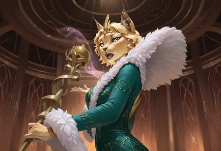 best quality, amazing quality, absurdres, newest, high quality, masterpiece, KittKantoMTG, 1girl, feline, crown, blonde hair, short hair, green dress, fur trim, furry female, solo, animal ears, on stage, upper body, standing, looking at viewer, yellow eyes, singing, holding staff, magic <lora:Kitt_Kanto_Magic_the_Gathering:.9>  <lora:NOOB_vp1_detailer_by_volnovik_v1:1>