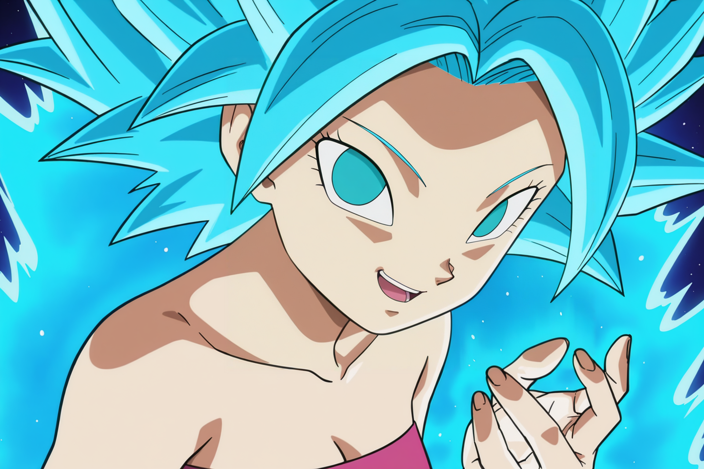 anime screencap, absurdres, high quality, 
caulifla, super saiyan blue, official style, 1girl, solo, looking at viewer, looking at hand, smile, open mouth, aqua eyes, bare shoulders, blue hair, collarbone, upper body, pink tube top, spiked hair, close-up, blue aura, eyelashes, shiny hair, arms by side, no pupils
 <lora:Caulifla_iL:0.8>