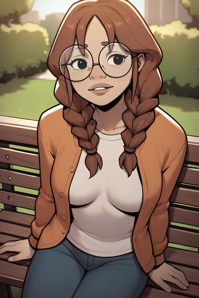 zPDXL3, <lora:PSA_Amie:1> 1girl, long hair, glasses, twin braids, brown hair, round eyewear, black eyes, breasts, solo, sitting, bench, outdoors, park,
