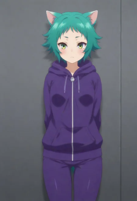 masterpiece, best quality, amazing quality,,, shiny skin,,,,,,Yaya Fushiguro,green hair, short_hair, wavy hair, green_eyes, small breasts, cat ears, cat tail,purple hoodie, short purple pants,