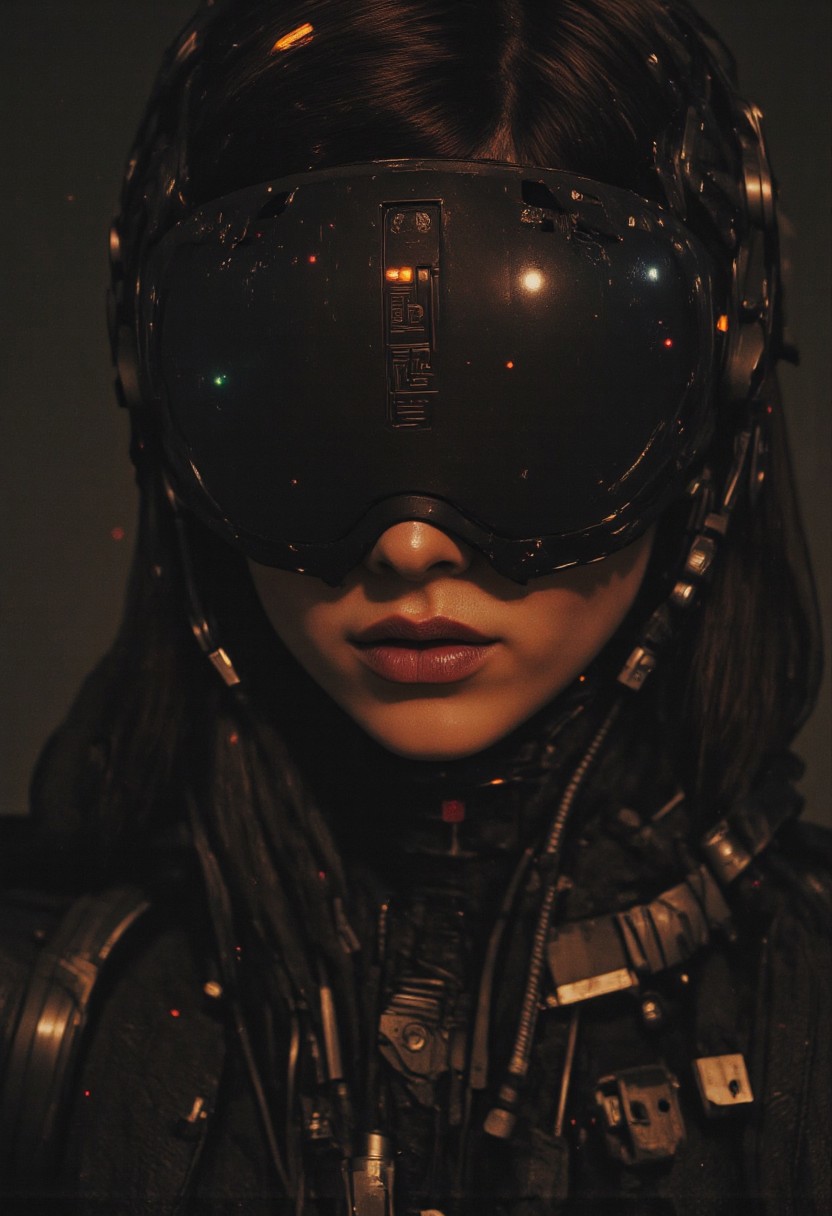 A sensual close-up portrait of Cyborg Cleopatra, her timeless beauty immersed in a dark, dystopian palette of deep black and faded red-orange hues. Her full lips, painted in a glossy, blood-red tone, glisten seductively, slightly parted to reveal their captivating softness. Her almond-shaped eyes are framed by dramatic black kohl lines, extended into bold, feline flicks, barely visible beneath a futuristic visor resembling a sleek, dystopian ski goggle. The visor is crafted from matte black alloy, its edges faintly glowing in desaturated orange, casting fragmented light across her honey-toned skin, now tinged with the ashen hues of a decaying world.
Her high cheekbones glint faintly with a metallic bronze sheen, merging into intricate cybernetic implants embedded along her temples and jawline. The implants, etched with ancient hieroglyphic patterns, pulse with a faint, ember-like glow, their light flickering as if struggling to stay alive. Beneath the visor, traces of smoldering orange eyeshadow blend with her black kohl, creating a fiery yet muted contrast that echoes the dystopian atmosphere.
Delicate, vein-like circuits etched in dark metal trace her face’s contours, glowing dimly in molten orange as they harmonize with her natural beauty. The background fades into shadowy black, with only faint, diffuse orange light illuminating her regal features.