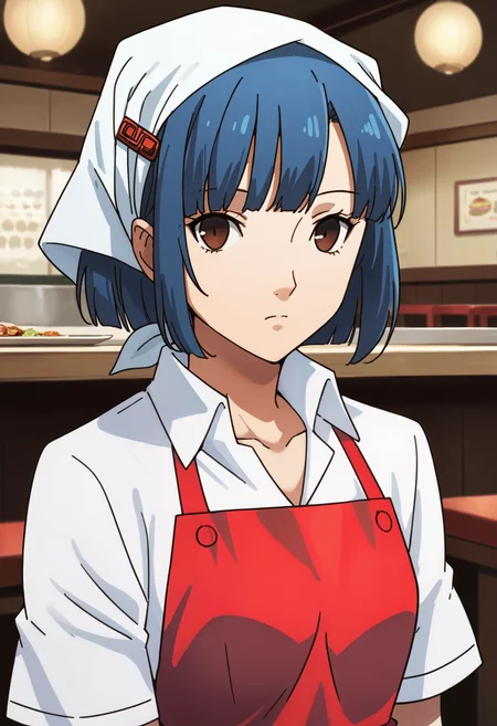 score_9, score_8_up, source_anime
1 girl, solo, cute face,
p4aika, short hair, blue hair, head scarf, red apron, hair ornament, collared shirt,
looking at viewer, standing, expressionless,
inside, restaurant,
masterpiece, best quality, ultra detailed,