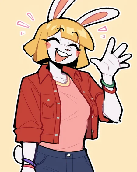 score_9_up, score_8_up, score_7_up, score_6_up, furry female, by remanedur, half-length portrait, female, furry, rabbit, rabbit ears, eyes closed, waving, open jacket, shirt, bracelet, shorts, blonde hair, short hair, tail, medium breasts, open smile, looking at viewer, smile, happy, head tilt, solo, three-quarter view, simple background, white outline, <lora:Leah_Pines(AIM)_XL_v1:0.15> <lora:PDXL_artist_tags_v2_big:0.5> <lora:The-Minuscule-Task_PDXL_v1.0:0.6> <lora:Kami_Soto_pollenpvtch:0.7>