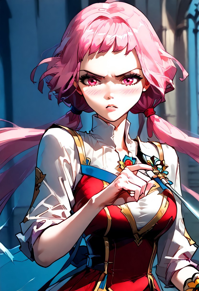 score_9,score_8_up,score_7_up,score_6_up,
source_anime, (best quality), (masterpiece), (extremely detailed), (finely detailed), (detailed face, perfect face, perfect eyes, beautiful detailed shading), (perfect hands), (full colors), blush, 
BREAK, 
cowboy shot, upper body,
1girl, solo, 纳兰嫣然, pink hair, twintails, long hair, pink eyes, large breasts, holding a sword, action pose
