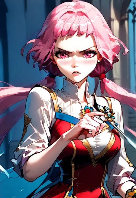 score_9,score_8_up,score_7_up,score_6_up,
source_anime, (best quality), (masterpiece), (extremely detailed), (finely detailed), (detailed face, perfect face, perfect eyes, beautiful detailed shading), (perfect hands), (full colors), blush,
BREAK,
cowboy shot, upper body,
1girl, solo, 纳兰嫣然, pink hair, twintails, long hair, pink eyes, large breasts, holding a sword, action pose