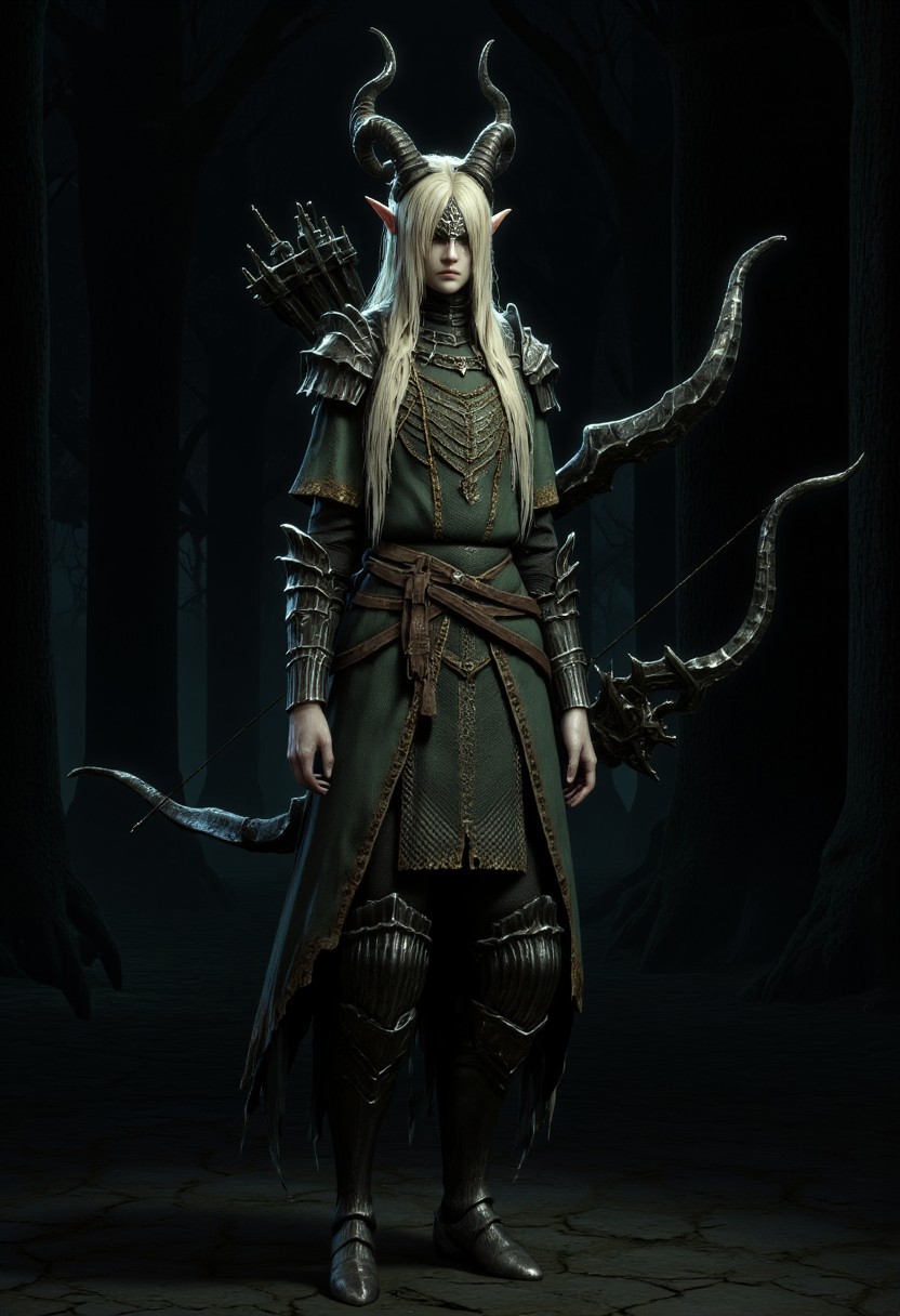 an elf archer standing in a dense, misty forest. She has long, platinum blonde hair, pointy ears, and a serious expression. She wears intricate, dark green and black armor with ornate designs, including shoulder plates and gauntlets. Her bow is elaborate, with a dark, metallic finish and decorative elements. The character has an unusual anatomy with disproportionately large hands with claw-like fingers and digitigrade legs ending in hooved horse feet. the legs shape is like a goat
Standing on a flat ground the camera angle is high rotated
Set against a solid dark black color background to emphasize its unnatural form that emphasizes its silhouette. The medium is not a traditional painting or illustrative medium like watercolor or ink but rather a digital 3D rendering.
MikeFranchinastyle, bbstyle,, horror theme,, ZBClay model of a gray sculpture, zbrush, d4arks0uls, overcast lighting, jedioutfit