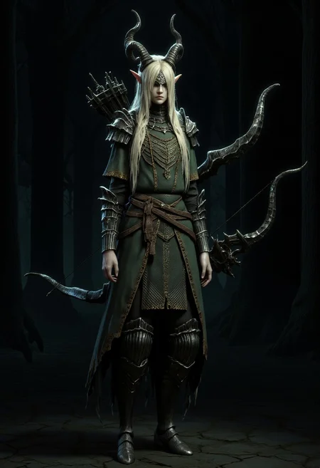 an elf archer standing in a dense, misty forest. She has long, platinum blonde hair, pointy ears, and a serious expression. She wears intricate, dark green and black armor with ornate designs, including shoulder plates and gauntlets. Her bow is elaborate, with a dark, metallic finish and decorative elements. The character has an unusual anatomy with disproportionately large hands with claw-like fingers and digitigrade legs ending in hooved horse feet. the legs shape is like a goat
Standing on a flat ground the camera angle is high rotated
Set against a solid dark black color background to emphasize its unnatural form that emphasizes its silhouette. The medium is not a traditional painting or illustrative medium like watercolor or ink but rather a digital 3D rendering.
MikeFranchinastyle, bbstyle,, horror theme,, ZBClay model of a gray sculpture, zbrush, d4arks0uls, overcast lighting, jedioutfit