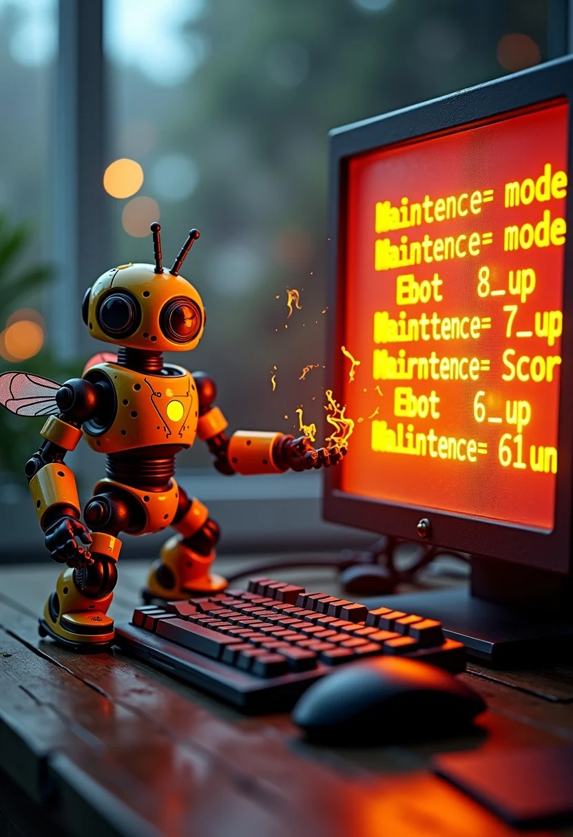 score_9, score_8_up, score_7_up, score_6_up, show me a bee robot fighting against error robots inside a pc, lcd display showing a text saying"maintence mode activated", on fire, tex on fire, epic scenario,