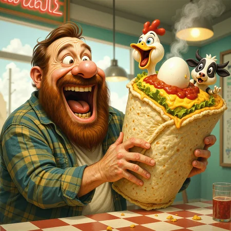 A whimsical and comedic scene of a huge, oversized breakfast burrito, bursting with absurdity, illustrated in a vibrant, cartoonish style reminiscent of classic Looney Tunes animations. The camera is positioned at a dynamic, slightly low angle, capturing the bearded man in the foreground with an exaggerated, gleeful expression as he holds the massive burrito with both hands, his mouth wide open, just moments away from taking a giant bite. The man’s bushy beard is speckled with crumbs, and his eyes sparkle with cartoonish excitement, emphasizing the humor of the moment. His worn flannel shirt is slightly untucked, adding to his lovable, messy charm. The burrito itself is comically enormous, barely contained by its tortilla wrap, which is torn in places to reveal a chaotic filling of eggs, cheese, and salsa spilling out. Sticking out from the top of the burrito are the surreal and hilarious trio of a chicken, an egg, and a cow, each with their own exaggerated, anthropomorphic expressions of shock and confusion. The chicken, with ruffled feathers and a wide-eyed, frantic look, flaps its wings as if trying to escape. The egg, cracked slightly at the top, has a tiny cartoon face with a nervous sweat drop rolling down its shell. The cow, with a bewildered expression, dangles halfway out, its black-and-white spotted hide contrasting with the burrito’s colorful contents, while one hoof waves helplessly in the air. The background features a sunny, retro diner setting with checkered floors and neon signs, evoking the playful, over-the-top vibe of a comedic Hollywood flick like "Who Framed Roger Rabbit." Sunlight streams through a large window, casting playful shadows and highlighting the steam rising from the burrito, adding a touch of surreal warmth to the scene. Bits of lettuce and tortilla crumbs are scattered around the table, enhancing the chaotic, humorous energy. The overall mood is lighthearted and absurd, inviting laughter with its ridiculous premise and exaggerated details.