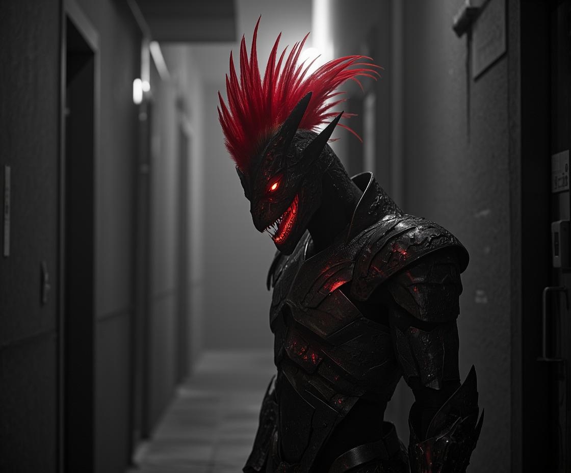 <lora:[FLUX.1 [dev] - LoRa] [Style] 'Improved Photography' [v1.0 - 09.12.2024] [SPECTRUM #0007 by AI_Characters].safetensors:1> analog photo in tr artstyle
In the dimly lit alleyway, the figure stands as a silhouette against the foggy backdrop, its presence both commanding and enigmatic. The monochromatic grayscale of the scene is punctuated only by the vivid red of the creature's feather-like projections, which fan out from its head like a regal crown. The metallic armor, meticulously crafted with intricate, angular patterns, gleams under the soft, focused light, casting deep, dramatic shadows that sculpt its form. The armor’s surface is a study in contrasts, with smooth, polished sections reflecting the dim light, while the deeper recesses retain a sense of mystery and depth.
The creature’s face, partially obscured by shadows, reveals a large, fearsome grin. The sharp teeth, each a precise edge, are illuminated by the stray light, adding to the intensity of the moment. Its eyes, a striking red that pierces through the grayscale world, glow with an otherworldly intensity, conveying a sense of both danger and allure. The background is softly blurred, a gentle haze that further emphasizes the creature’s elaborate and surreal design, creating a scene that is both sensual and mysterious, a blend of vintage glamour and film noir intrigue.