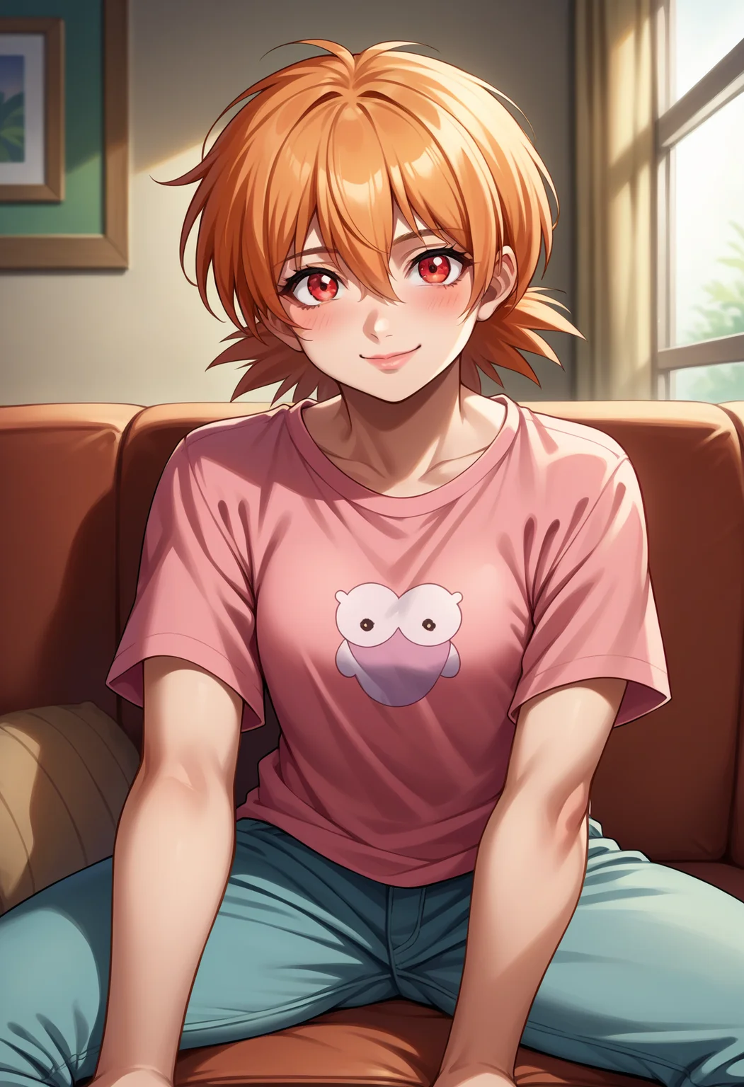 score_9, score_8_up,score_7_up, source_anime, rating_safe, 1girl, solo, <lora:EPhsSeras:1>,
orange hair, short hair, red eyes, hair between eyes,
SerVic, pink lips, pink t-shirt, baggy pants, outstretched arms, blush smiling, sitting on couch, in living room, looking at viewer, pov, incoming hug,