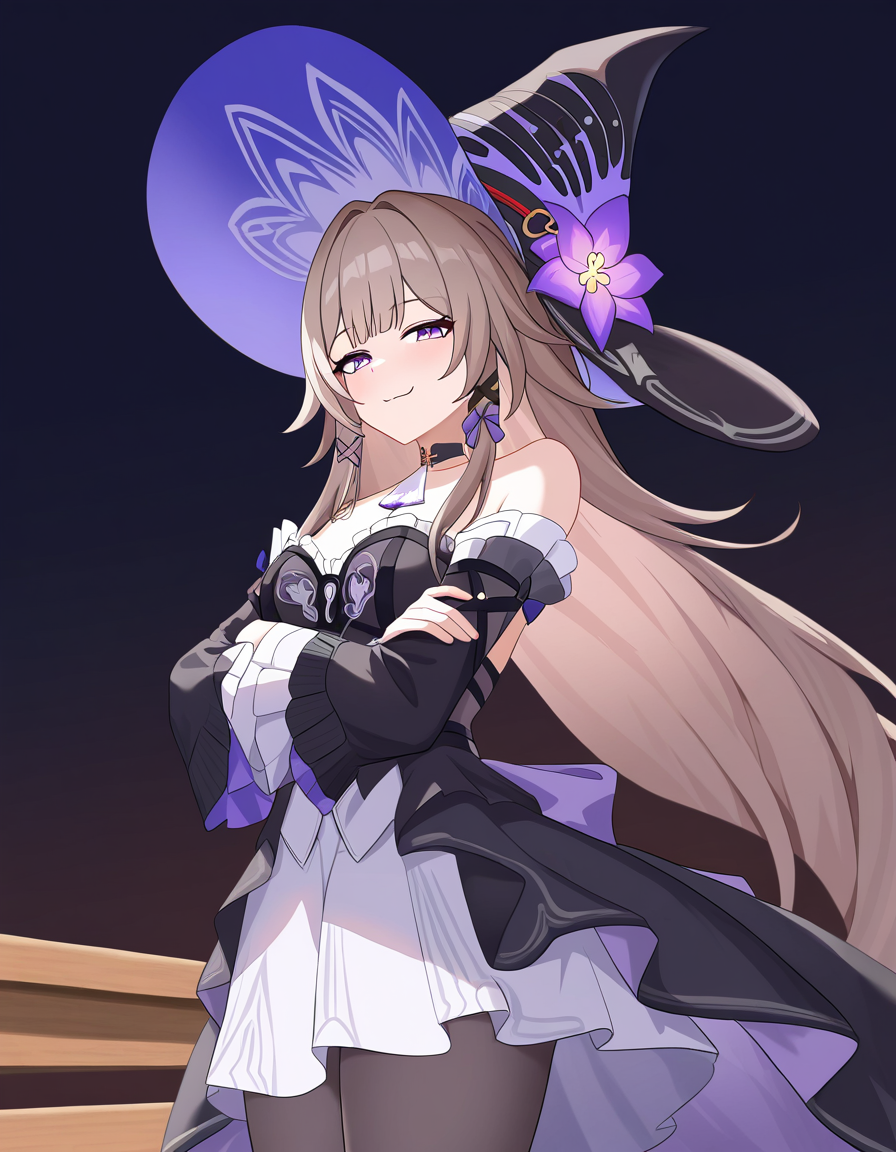 masterpiece, best quality, newest, absurdres, highres, safe,, <lora:the-herta-illustriousxl-lora-nochekaiser:1>, the herta, the herta (honkai: star rail), brown hair, long hair, purple eyes, medium breasts,, bare shoulders, black dress, black hat, detached sleeves, hat, hat flower, hat ornament, long sleeves, pantyhose, witch hat, wooden bridge, planks, rustic, crossing, narrow, , crossed arms, smug, looking at viewer, solo,, cowboy shot, solo