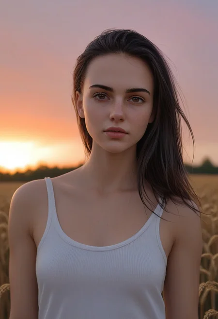 30yo american woman in a wheat field
Small eyes. Brown eyes.
Wearing white tank top. no makeup. Clear skin.  realistic skin style
Long dark black slick back hair. No makeup. Dusk, Street light. Looking at camera POV. Slight smile, tilting head.. Tilt head. Hands in head, face, lips.
Medium Close Up shot. Bokeh. Heavy Bokeh light. Dawn. yellow, red, purple orange. sky.
