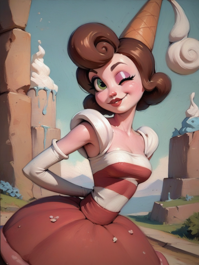 score_9, score_8_up, score_7_up, leaning forward, sexy pose, cowboy shot, (dynamic pose:1.1), dynamic angle, light smile, hands at side, medium breasts, landscape, from side, one eye closed, closed mouth, looking at viewer, 
<lora:BaronessVonBon_character:1>, BaronessXLP, brown hair, short hair, green eyes, colored skin, makeup, parted lips, pink skin, very narrow waist, thin arms, dress, elbow gloves, ice cream cone, cartoon, exaggeration, <lora:Eldritch Oil Style LoRA_Pony XL v6:0.7> oil painting, traditional media, realistic,,