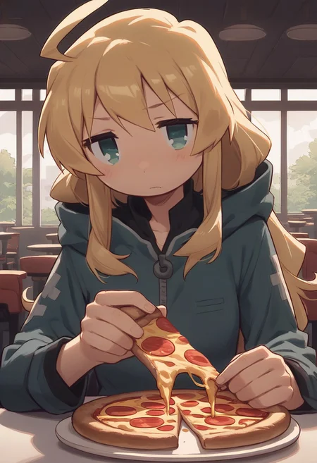 score_9, score_8_up, score_7_up, source_anime, BREAK, 1girl, Yuuri_glt, holding a slice of pizza, restaurant background