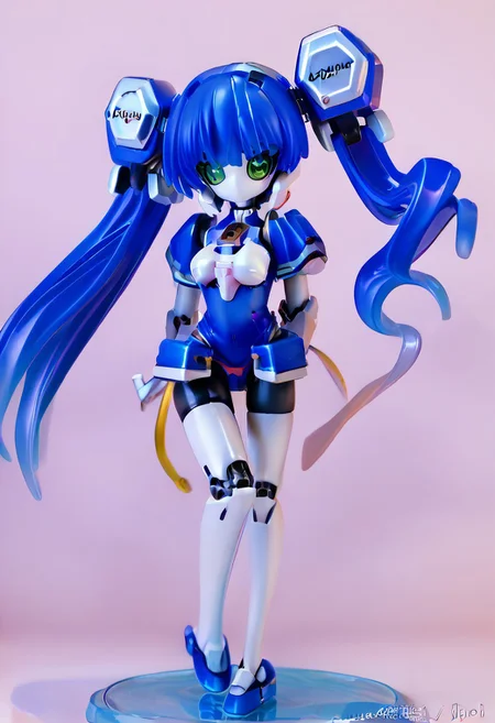 masterpiece, score_9, score_8_up, score_7_up, EasyNegative_v2, 
(best quality:1.1),ultra-detailed, high resolution, super detailed skin, beautiful detailed eyes, nsfw, Brightly Lit, Highly Visible, 8k, sharp focus, beautiful, perfect lighting, beautiful eyes, anatomically correct, anatomically correct face, extremely detailed eyes, smooth edges, beautiful face, symmetrical eyes, symmetrical face, 
(standing, Full-body view:1.2), 
1girl, cute girl, blazermate, (robot girl, android:1.3), (roaot eyes, green eyes, blue hair, twin tails, no mouth:1.2), (colored skin, robot skin, white skin, blue skin, robot joints:1.5), 
(simple background, white background:1.2), (solo focus:1.5), 
(looking at viewer:1.5),  (figurine:1.5),