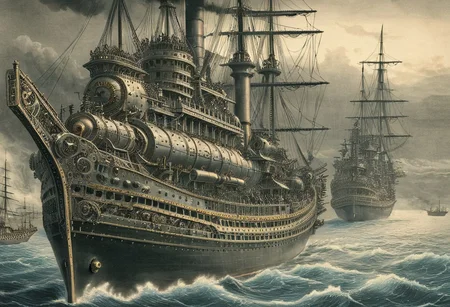 concept-art, engraving of steampunk pre-dreadnough class battleship carrying flying machines, bay of Tokio, 1863 by Gustave Dore and hokusai undertones