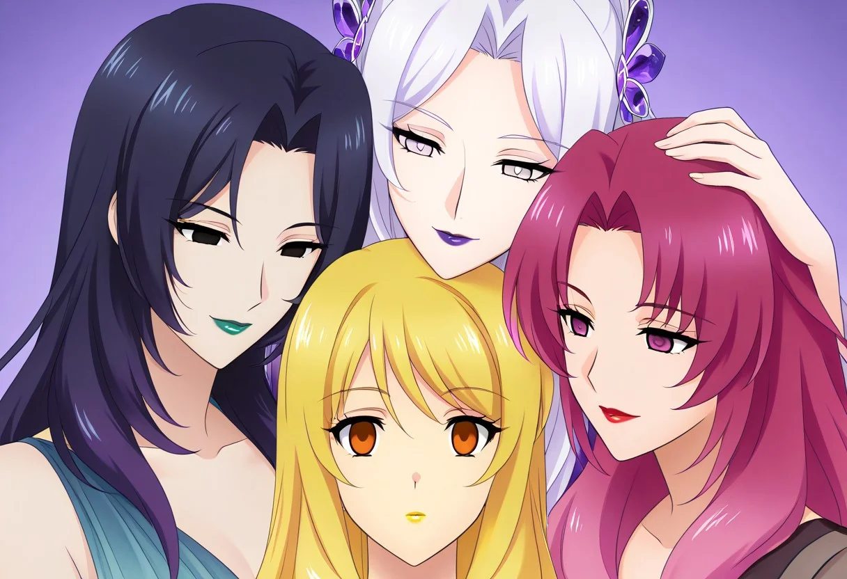 anime, empty eyes, hypnotized, two females, lipstick, red lipstick, yellow lipstick, green lipstick, blue lipstick, purple lipstick, black lipstick, glossy lips, wet lips, sexy smile, emotionless, adult, casual dress, long hair, white hair, black hair, green hair, red hair, yellow hair, pink hair, purple hair, blue hair, hair decoration, red eyes, orange eyes, yellow eyes, green eyes, blue eyes, purple eyes, pink eyes, black eyes, white eyes, close up, hand on head