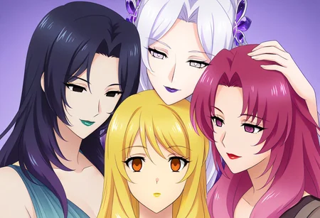 anime, empty eyes, hypnotized, two females, lipstick, red lipstick, yellow lipstick, green lipstick, blue lipstick, purple lipstick, black lipstick, glossy lips, wet lips, sexy smile, emotionless, adult, casual dress, long hair, white hair, black hair, green hair, red hair, yellow hair, pink hair, purple hair, blue hair, hair decoration, red eyes, orange eyes, yellow eyes, green eyes, blue eyes, purple eyes, pink eyes, black eyes, white eyes, close up, hand on head
