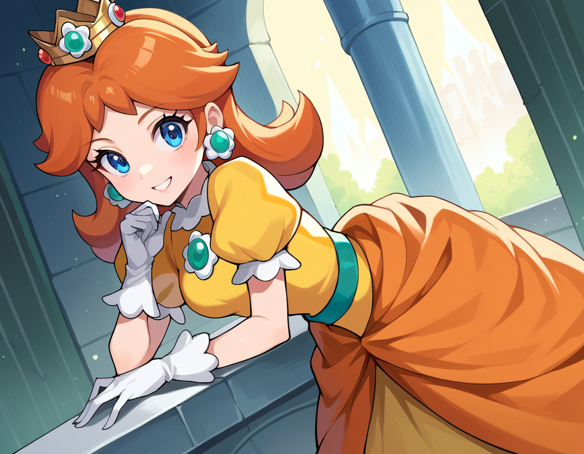 score_9, score_8_up, score_7_up, source_anime,
princessdaisy, <lora:princess-daisy-ponyxl-lora-nochekaiser:1>,
princess daisy, blue eyes, long hair, orange hair,
crown, daisy, dress, flower, gem, gloves, orange dress, puffy short sleeves, puffy sleeves, short sleeves, white gloves,
indoors, castle, bent over, smile,
looking at viewer, cowboy shot, dutch angle,
