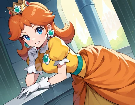 score_9, score_8_up, score_7_up, source_anime,
princessdaisy, <lora:princess-daisy-ponyxl-lora-nochekaiser:1>,
princess daisy, blue eyes, long hair, orange hair,
crown, daisy, dress, flower, gem, gloves, orange dress, puffy short sleeves, puffy sleeves, short sleeves, white gloves,
indoors, castle, bent over, smile,
looking at viewer, cowboy shot, dutch angle,