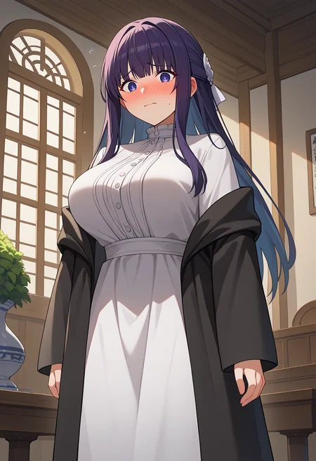 score_9, score_8_up, score_7_up, source_anime, 1girl, fern \(sousou no frieren\), large breasts, open robe, long dress, looking at viewer, embarrassed, indoors <lora:brj-fern-pony-v0.5:1>