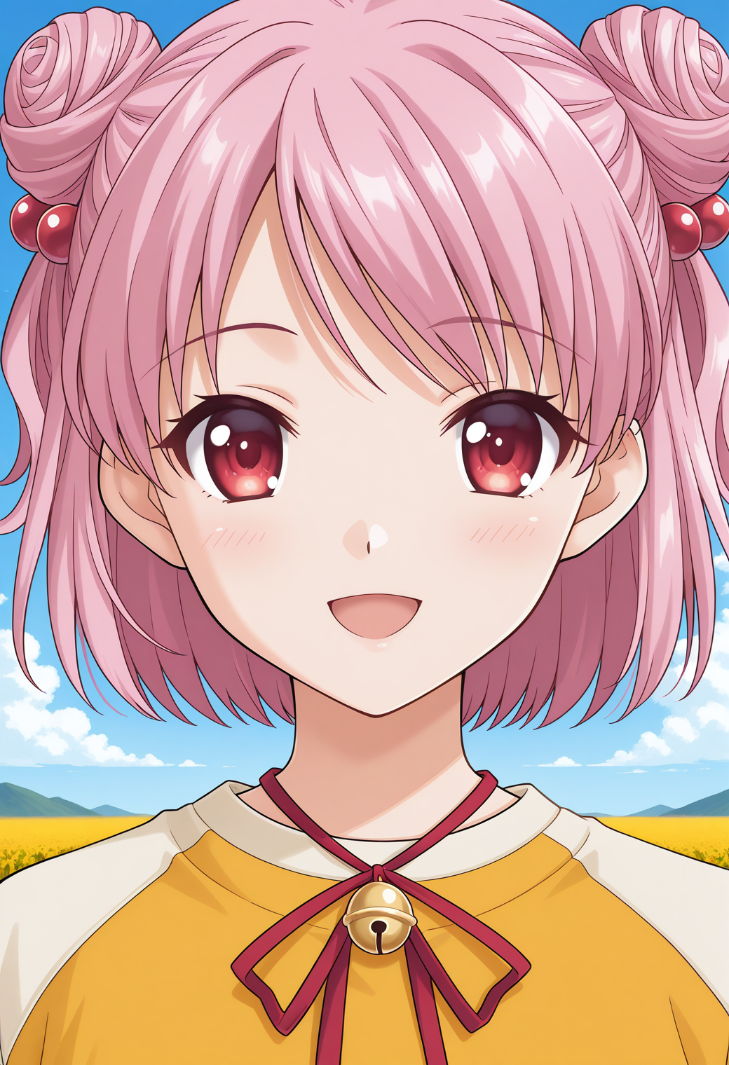 ever17_coco, red eyes, pink hair, short hair, double bun, hair bobbles, bell, red ribbon, neck ribbon, yellow shirt, raglan sleeves, red skirt, <lora:ever17_coco_illustrious_ver1:0.8>
smile,, masterpiece, best quality, general,, 1girl, solo, (field:1.2), (blue sky:1.2), looking at viewer,, (upper body:1.2), (close-up:1.2), (facing viewer:1.2), (open eyes:1.4), (portrait:1.2)