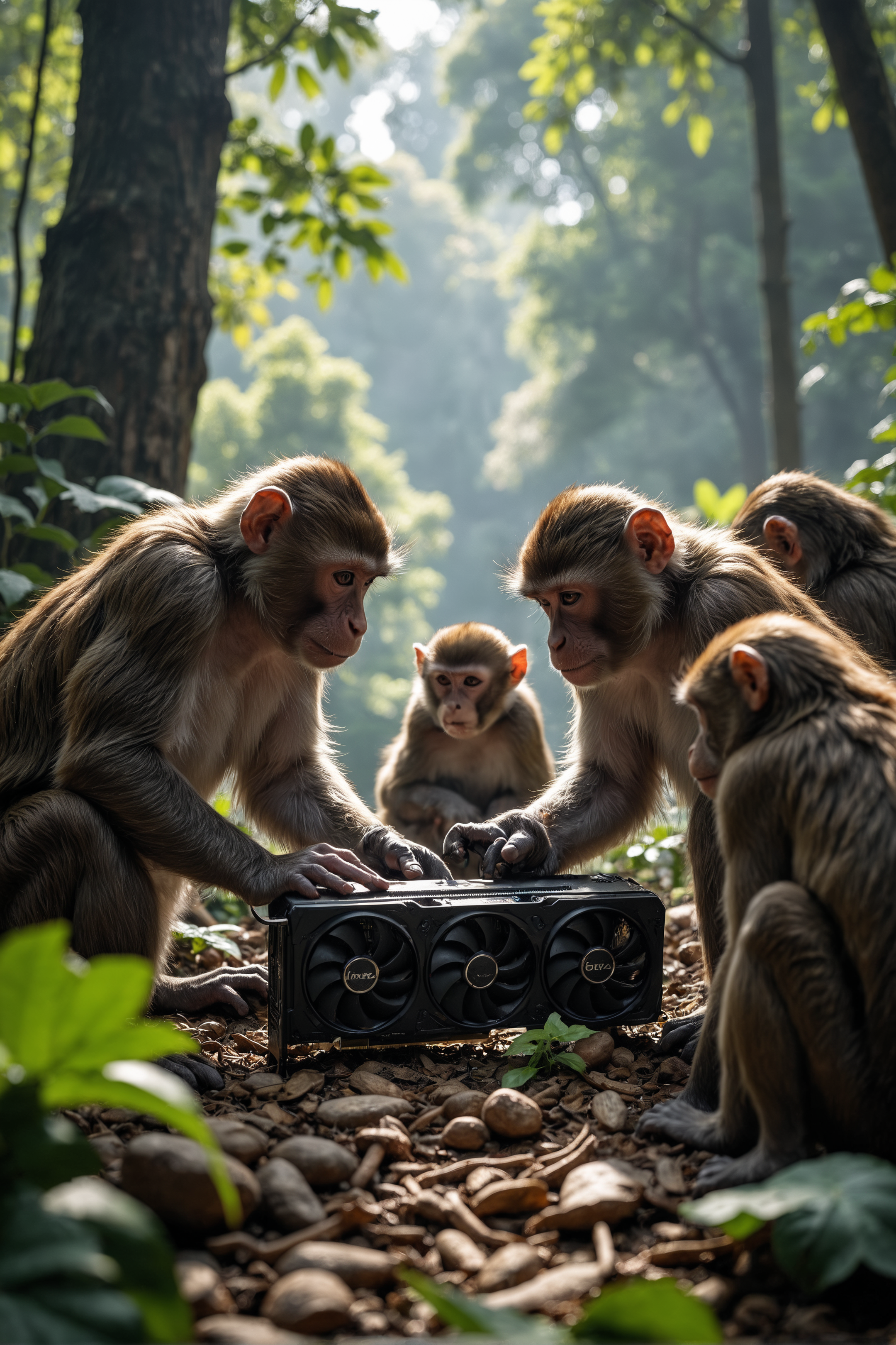 A group of monkeys surround an RTX 4090 graphics card in the forest