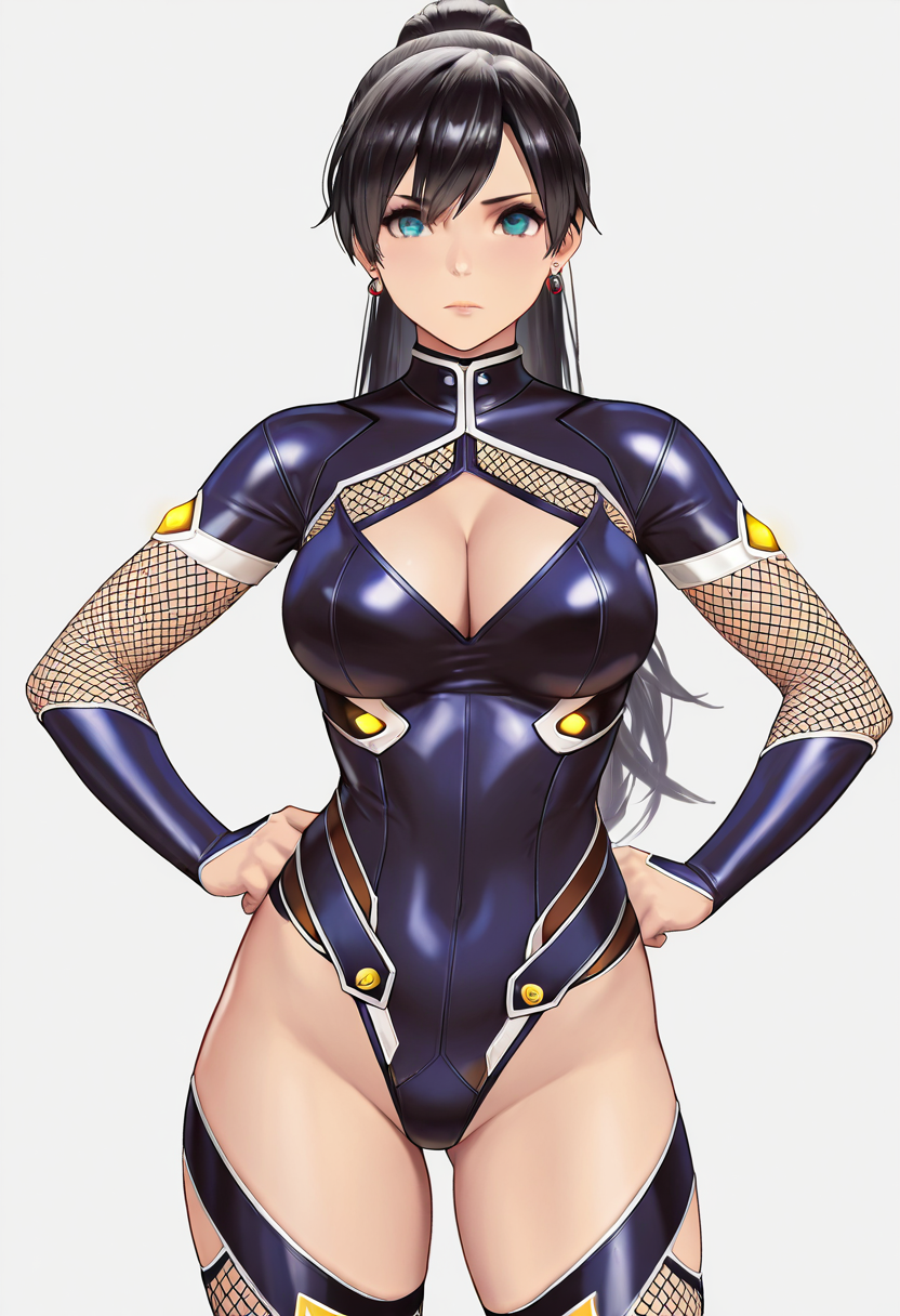 masterpiece, best quality,
1girl, cowboy shot, 
standing, hands on own hips, 
looking at viewer, 
<lora:Fuuma_Tokiko_SK:0.7> Fuuma_Tokiko_SK, ponytail, black hair, long hair, blue green eyes, earrings, highleg leotard, bodysuit, cleavage cutout, clothing cutout, fishnets, thighhighs,
simple background, white background,