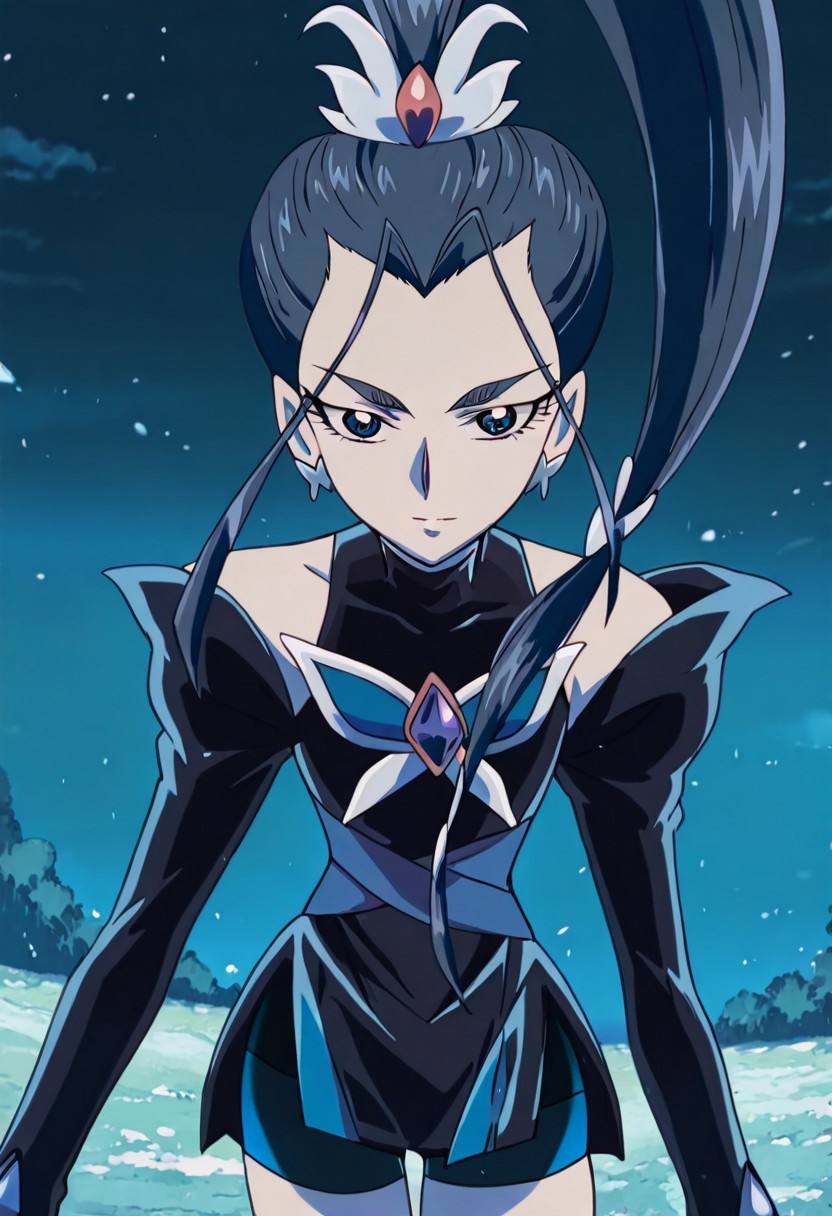 anime screencap, anime art style, yes! precure 5, dark precure 5, dark aqua, precure, 1girl, solo, jewelry, earrings, ponytail, long hair, bike shorts, magical girl, detached sleeves, black hair, blue theme, shorts, looking at viewer, blue eyes