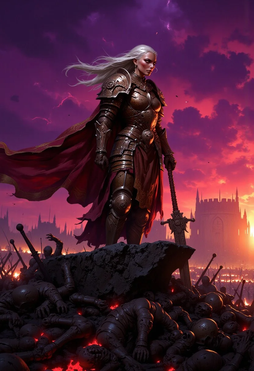 "in center of purple tempest rain red lightinings, An elderly heroine clad in a worn, battle-scarred armor stands atop a pile of defeated enemies, gazing calmly at the distant horizon. Her long, gray hair flows in the wind, adding a sense of quiet resilience to her presence. Both hands rest firmly on the hilt of an aged and weathered sword planted into the ground. The setting sun casts a warm, golden glow over the scene, highlighting the serenity in her gaze, which contrasts with the carnage below. The atmosphere is a mix of solemn victory and timeless strength, with muted tones of earthy browns, greys, and fiery oranges dominating the palette."