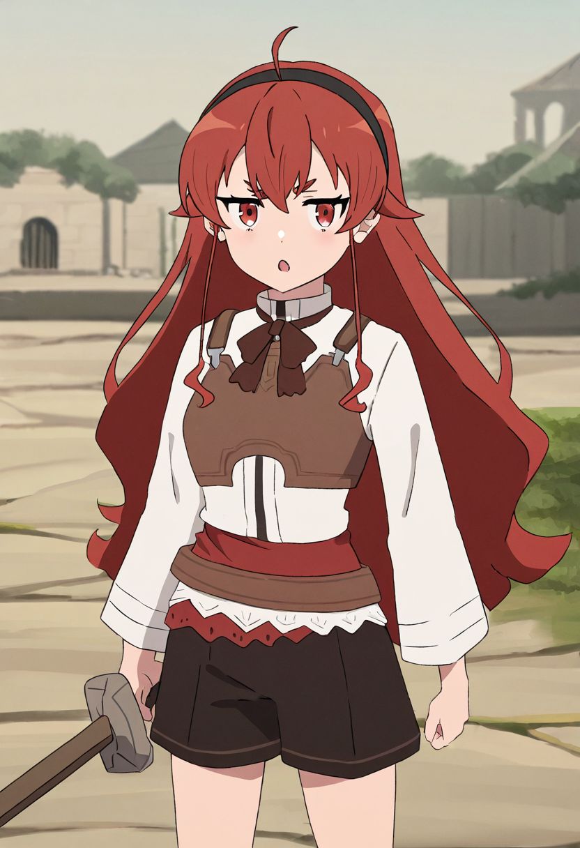 masterpiece, best quality, newest, absurdres, highres, detailed eyes, beautiful, detailed background, perfect eyes, anime coloring, 1girl, solo, eris greyrat, red hair, very long hair, hair between eyes, sidelocks, ahoge, black hairband, thick eyebrows, red eyes, small breasts, BREAK ErisTraining, white shirt, long sleeves, brown bowtie, armor, breastplate, black shorts, BREAK holding sword, wooden sword, looking at viewer, jitome, open mouth, (outdoors, courtyard), <lora:eris_mskt_xl_v2:0.8>