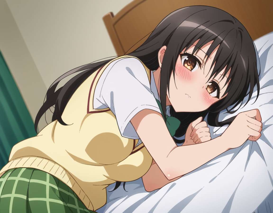 score_9, score_8_up, score_7_up, source_anime,
yuikotegawa, <lora:yui-kotegawa-darkness-ponyxl-lora-nochekaiser:1>,
yui kotegawa, black hair, brown eyes, long hair,
green skirt, plaid, plaid skirt, sainan high school uniform, school uniform, skirt, sweater vest, yellow sweater, short sleeves,
indoors, bed, bed room, on side, blush, drunk,
looking at viewer, dutch angle, cowboy shot,