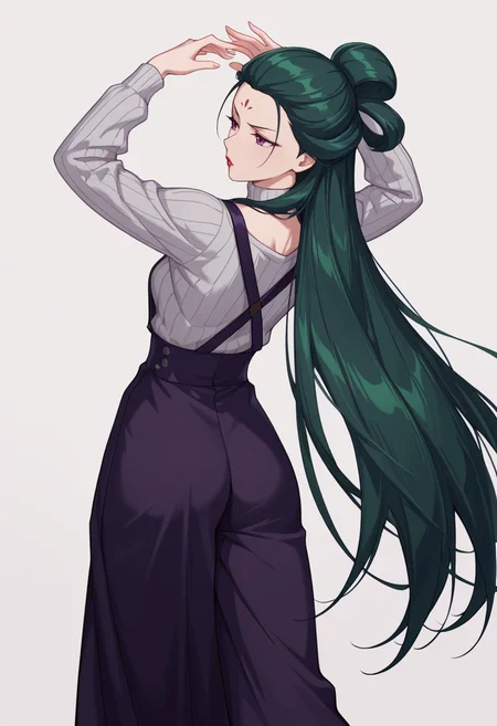 Smooth Quality,masterpiece,very intricate, high quality details, ultra realistic, high detailed skin,detailed enviorement,absurdres,
simple background, white background,solo,
from behind,annoyed,dancing,
<lora:Fengxian_CNR:0.8> feng_cnr, 1girl,green hair,very long hair,purple eyes,forehead mark, collarbone, red lips,
turtleneck sweater, ,unitard, ,suspender skirt, ,