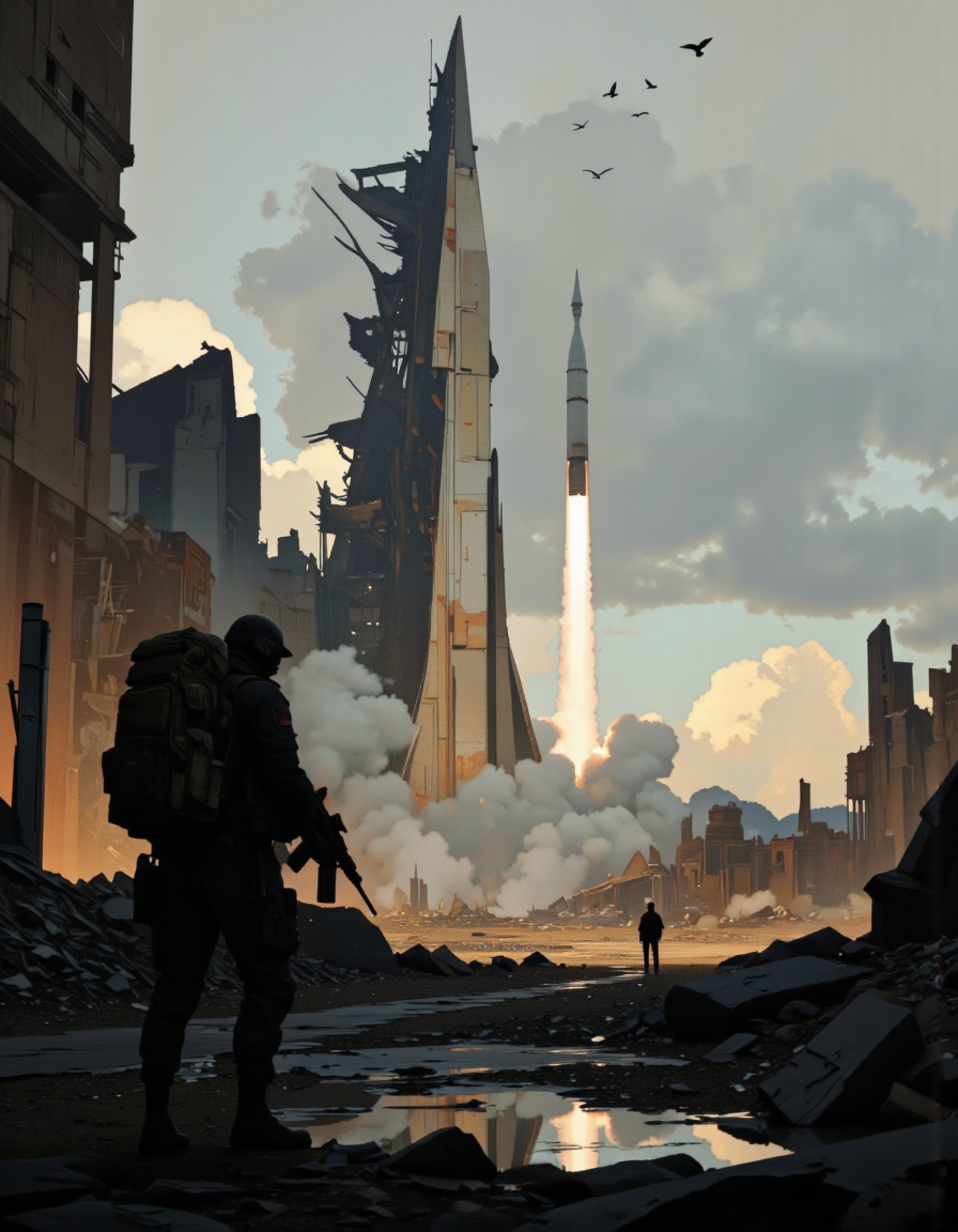 A digital illustration shoot from the back about a futuristic scene featuring a silhouette of a soldier standing in front of a tall, imposing rocket in a desolate landscape. the scene is set in a post-apocalyptic wasteland, with a mix of dark and light tones, featuring a cloudy sky with a few birds flying, and a large, jagged, metallic structure in the background. in the foreground, a lone soldier stands with a rifle in hand, facing away from the viewer, wearing a black outfit and carrying a large backpack. the soldier is positioned in the middle of the image, with the rocket standing tall and imposing in the distance. the rocket has a pointed tip and is surrounded by broken structures, giving the scene a sense of destruction and chaos. the overall atmosphere is one of intense focus and foreboding, making it a captivating and dynamic digital illustration.