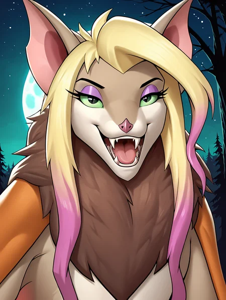 score_7, score_8, score_9, detailed background,ultra high detailed,perfect upper body,close up,high detailed face, perfect fangs,perfect eyes,,forest,sky,night,moon,ultra high detailed,masterpiece,full body, BREAK Solo, 1girl,female,seductive eyes,long eyelashes,half closed eyes,   <lora:Marina:0.85> an image of marina, bat wings, bat, brown neck fur, winged arms, blonde hair, orange wings, purple highlights in hair, green sclera, fangs, furry,purple eyeshadow, slightly open mouth,perfect face,perfect mouth,sligtly facing to the side,smirk,