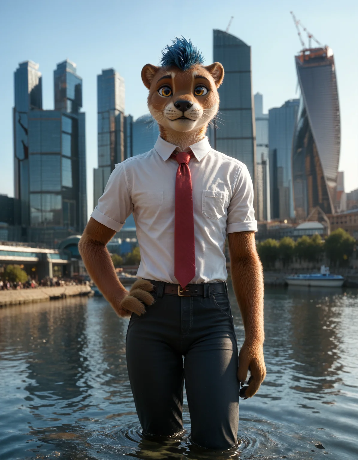 score_9, score_8_up, score_7_up, BREAK rating_safe, detailed, cinematic lighting, hdr, masterpiece, best quality, ultra realistic, 4k, 2k, film photography, RAW photo, photorealistic, analog style, subsurface scattering, photorealism, <lora:add-detail-xl:2.0>, <lora:2.5DRealisticV2.safetensors:0.25>, <lora:sinfully_stylish_SDXL.safetensors:1.0>, <lora:AdvancedEnhancerXLv2.safetensors:1.0>, solo, (anthro, furry:1.15), fluffy fur, detailed fur, (adult anthro male otter:1.2), otter tail, detailed fluffy fur, (otter ears, tiny ears, small ears:1.2), raised tail, yellow eyes, whiskers, grey spots in fur, halftone effect, ((gray and blue hair)), streaked hair, short hair, tail, claws, slim body, (black pawpads:1.1), dutch angle, looking aside, one hand on hip, (white shirt, monotonous red fabric tie, white collar, black pants:1.25), cute, BREAK <lora:moscow_city-14.safetensors:1.0>, (blurry background:1.2), moscow_city, no humans, building, scenery, reflection, outdoors, sky, city, water, cityscape, traditional media, real world location, reflective water, skyscraper