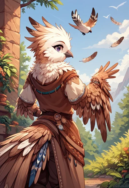 score_9, score_8_up, solo, 1girl, standing,
megafeatherypony, feathers, feathery, bird anthro, outdoors, clothes