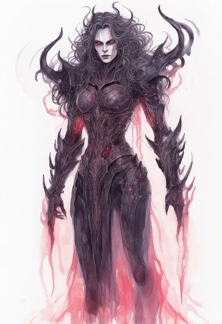watercolor, watercolour,
a archdemon lilith in beautiful but horrific black full plate armor in a satanic cathedral bathed in demonic glow at night, red translucent skin, full body armor, glowing red eyes, extremely long curly black hair with red glowing streaks