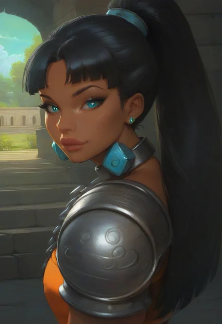 masterpiece, score_9, score_8_up, score_7_up, (best quality:1.1), ultra-detailed, high resolution, super detailed skin, Highly Visible, 8k, sharp focus, beautiful, perfect lighting, smooth edges,1girl, ChelXLP, chel, majestic,beautiful bright pupils, black hair, ((ponytail)),green earrings, 
cute face, detailed and beautiful face, large breasts, cleavage, detailed and beautiful eyes, cute girl, ponytail, tube top, bracelets, jewelry, loincloth, 
(((stone room, prison bars, walking in a prison, many cells, prison beds, audience, chains, armored guards)),
 looking at the viewer, detailed, intricate details, realistic,
tan skin,cowboy shot,csr style,g4n1m3